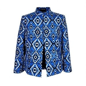 Kasper Open Blazer Size 10 Blue Black White 3/4 Sleeve Pockets Lightweight